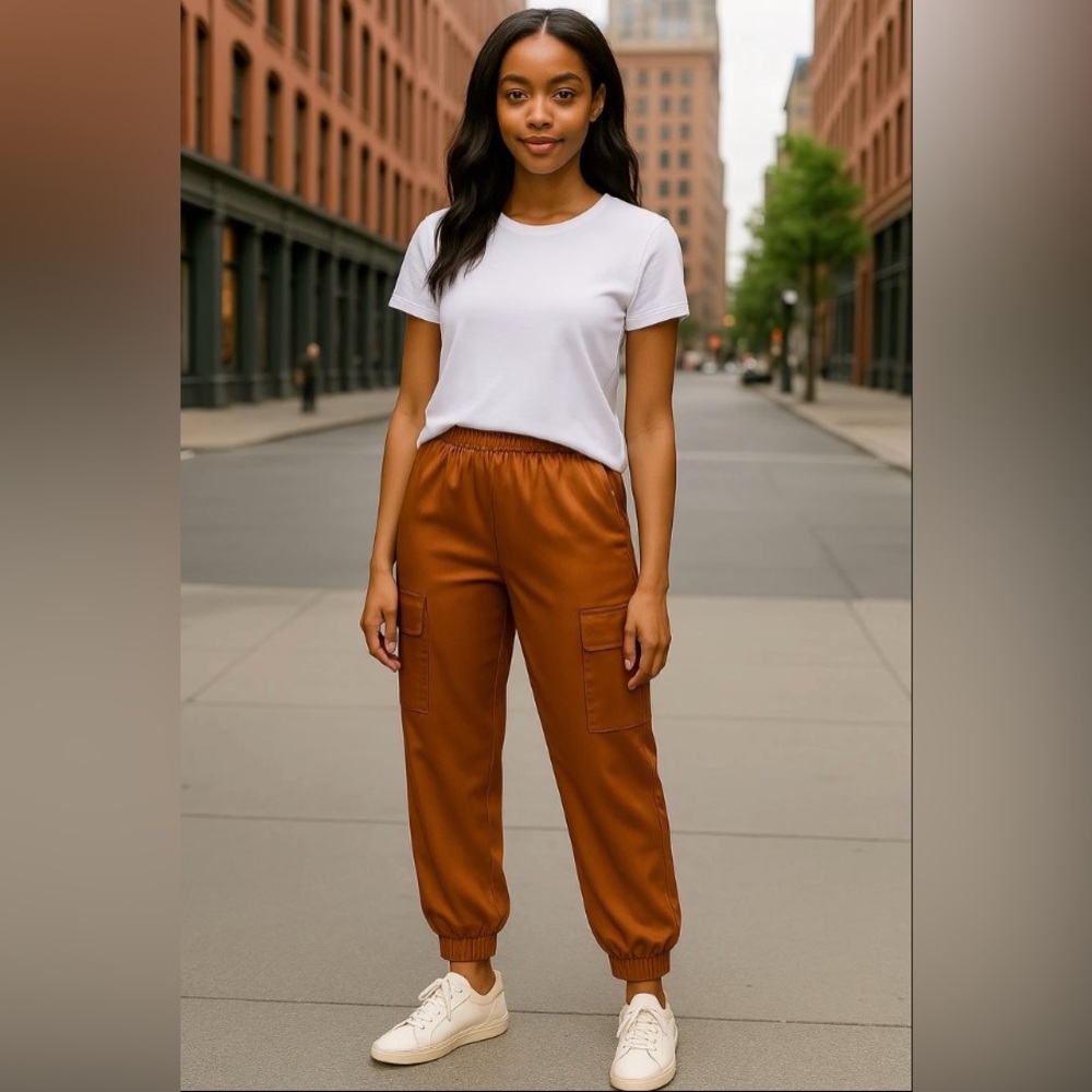 Banana Republic Satin Copper Gathered Waist Ribbed Ankle Cargo Jogger Pants